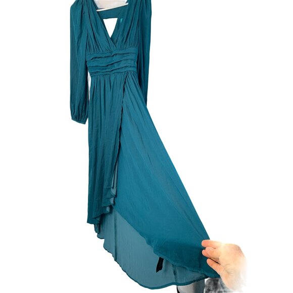 Anthropologie Teal Wrap High Low Long-Sleeve V-Neck Midi Dress Size 0 7518 - Picture 2 of 15